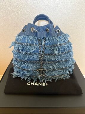 CHANEL Fringe Drawstring Bucket Bag in Blue denim